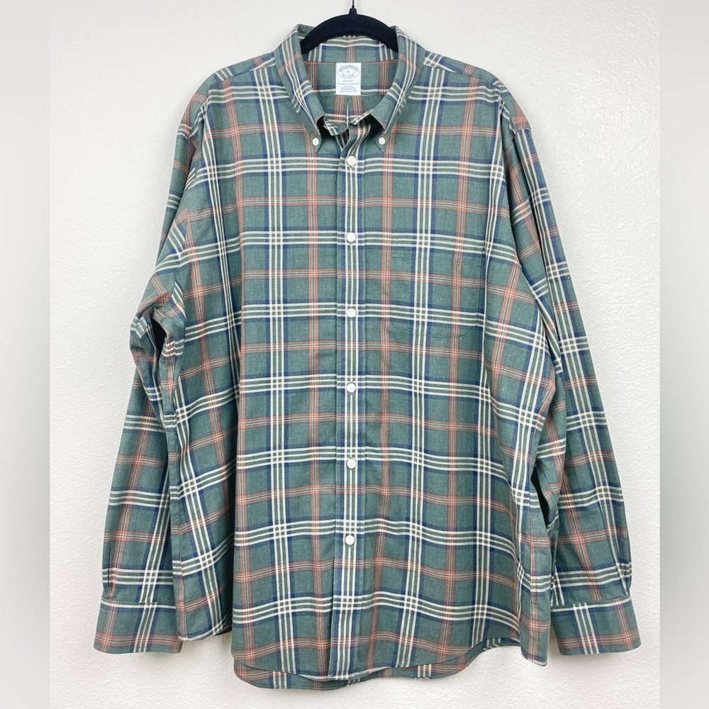 Brooks Brothers Men's XL Green Orange Navy Plaid Regent Original Polo Shirt